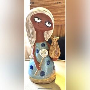 VintageTall Red Terra Cotta Large Eyed Female Figurine,Colorful Glazed Sculpture